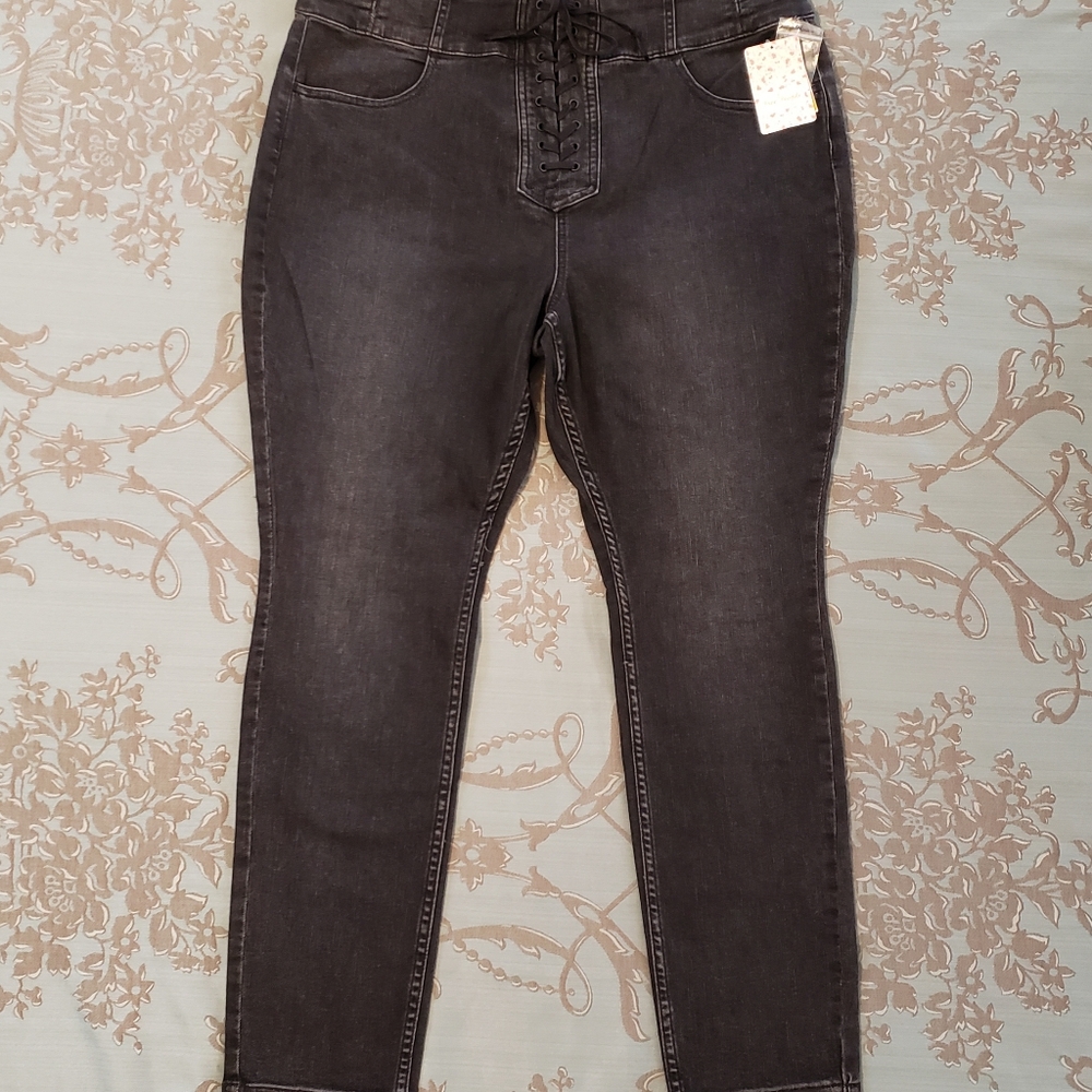 Free People We The Free CRVY High Rise Lace Up Black Skinny Denim Jeans Women 35